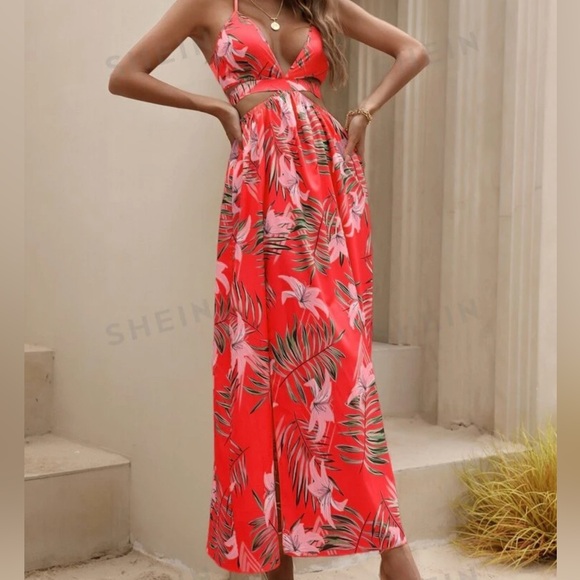 Watermelon Pink Sexy Tropical Backless Halter Maxi Dress Thigh Slit Small - Picture 7 of 7